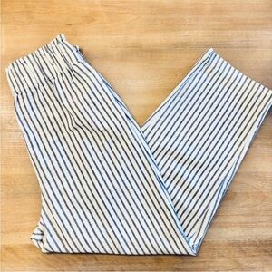 Mo-Vint Blue & Ivory Striped Linen Gathered Waist Ankle Length Trousers, Large